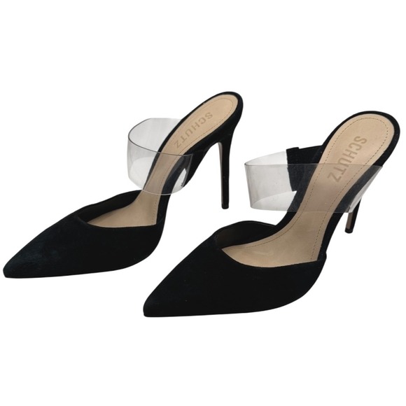 Schutz Shoes Women 7 Black Suede Pointed Toe Clear Strap Sionne High Heel Mules - Picture 1 of 9